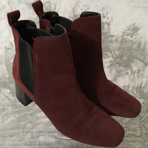 Zara Basic Burgundy Suede Chunky Heel Pull On Booties Square Toe Size 6.5